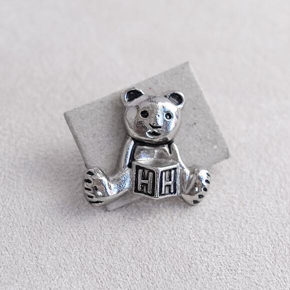 Vintage Teddy with Block Bear Small Pin Letter H Button Silver Tone 1" Cute - Picture 1 of 4